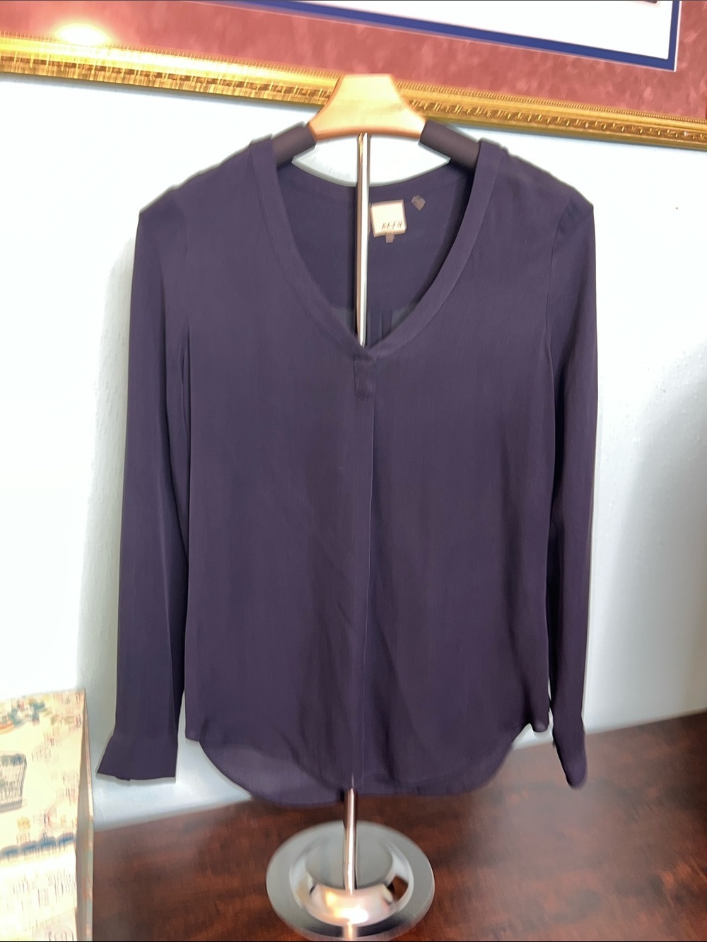 ecru Navy Blue V-Neck Long Sleeve Blouse $18